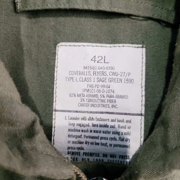 Air Force Coveralls, Flyers CWU-27/P Type I Class 1 Sage Green 1590 Size 42L. - Picture 2 of 12